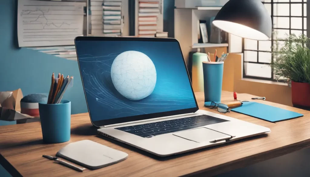 Escritório moderno com mesa de mogno, gráficos de vendas coloridos, laptop aberto e janela com céu azul.