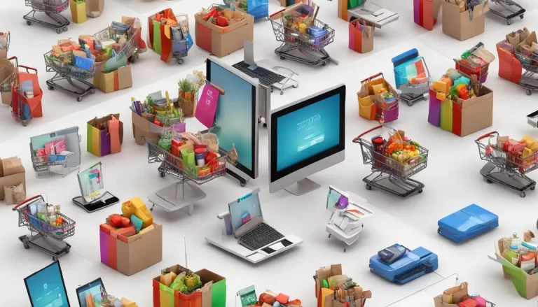 Interface de site de compras online com carrinhos coloridos cheios de eletrônicos, roupas e mantimentos.
