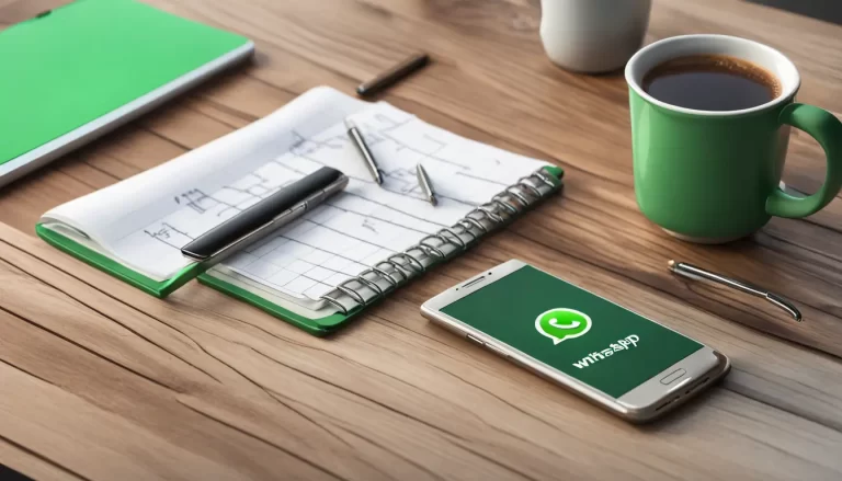 Smartphone mostrando conversa no WhatsApp sobre recuperação de vendas, ao lado de um café e um bloco de notas.