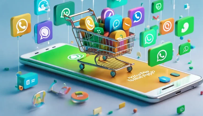 Smartphone com logotipo do WhatsApp na tela cercado por ícones de marketing digital em fundo tecnológico azul e verde.